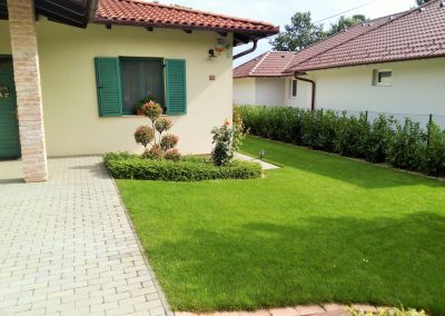 Az előkertben a bejárat mentén Pom Pom Bonsaira nyírt örökzöld üdvözli a vendégeket.