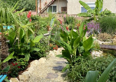 Kalandos gyöngykavicsos tipegős kerti utacska vezet át a növények között